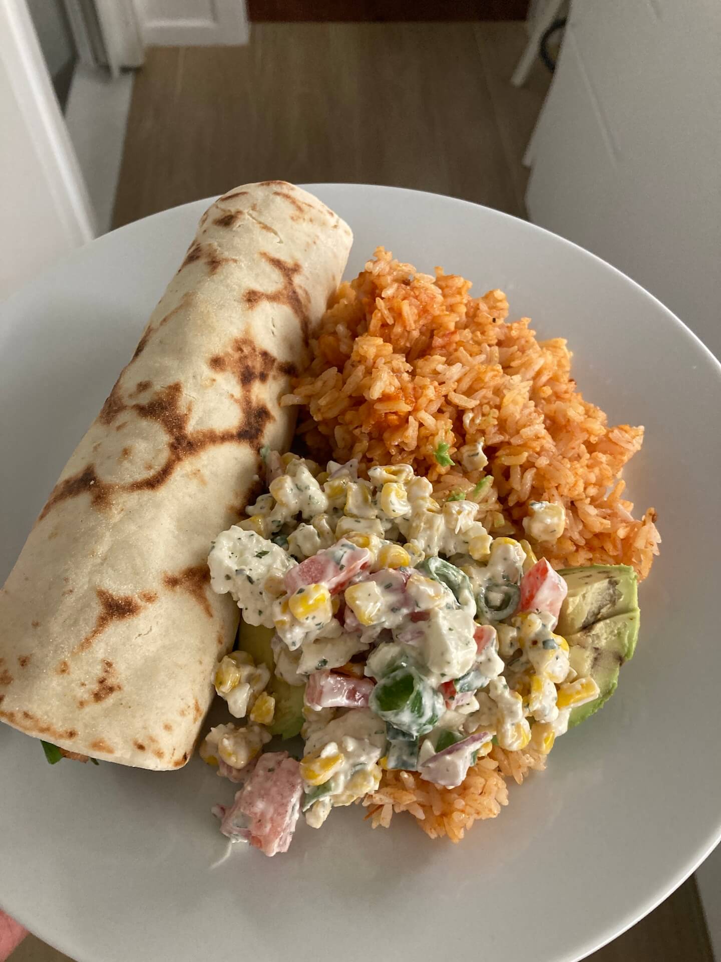 chicken wrap, tomato rice and corn salad for Its the weekend post