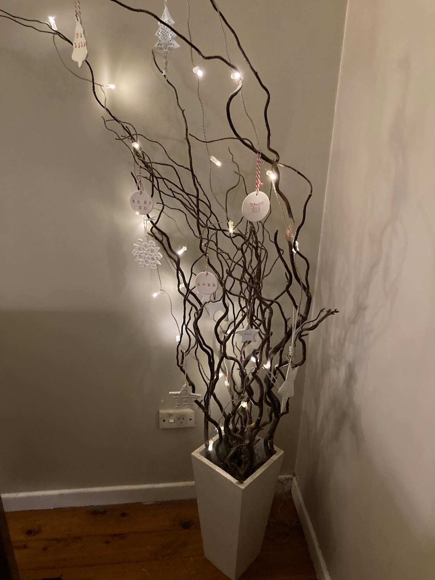 twigs with lights for Christmas home tour