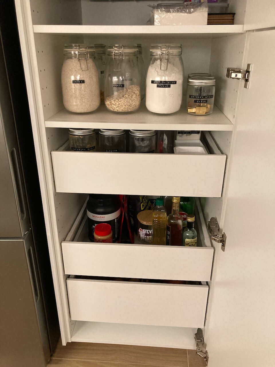 pantry essentials. jars of pasta and rice