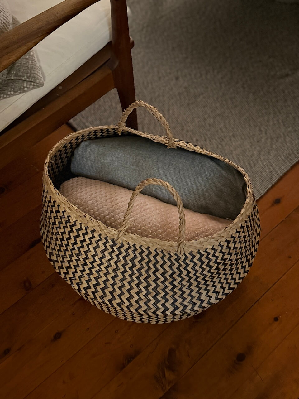 Things I enjoy about winter post-a basket with throw rugs
