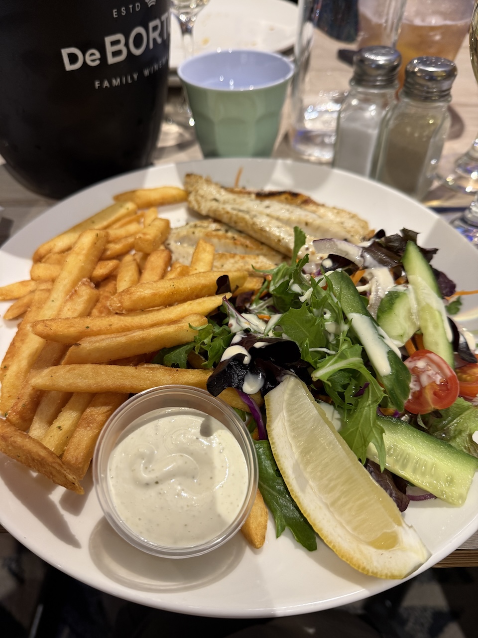 first week of the school holidays post- grilled fish, chips and salad