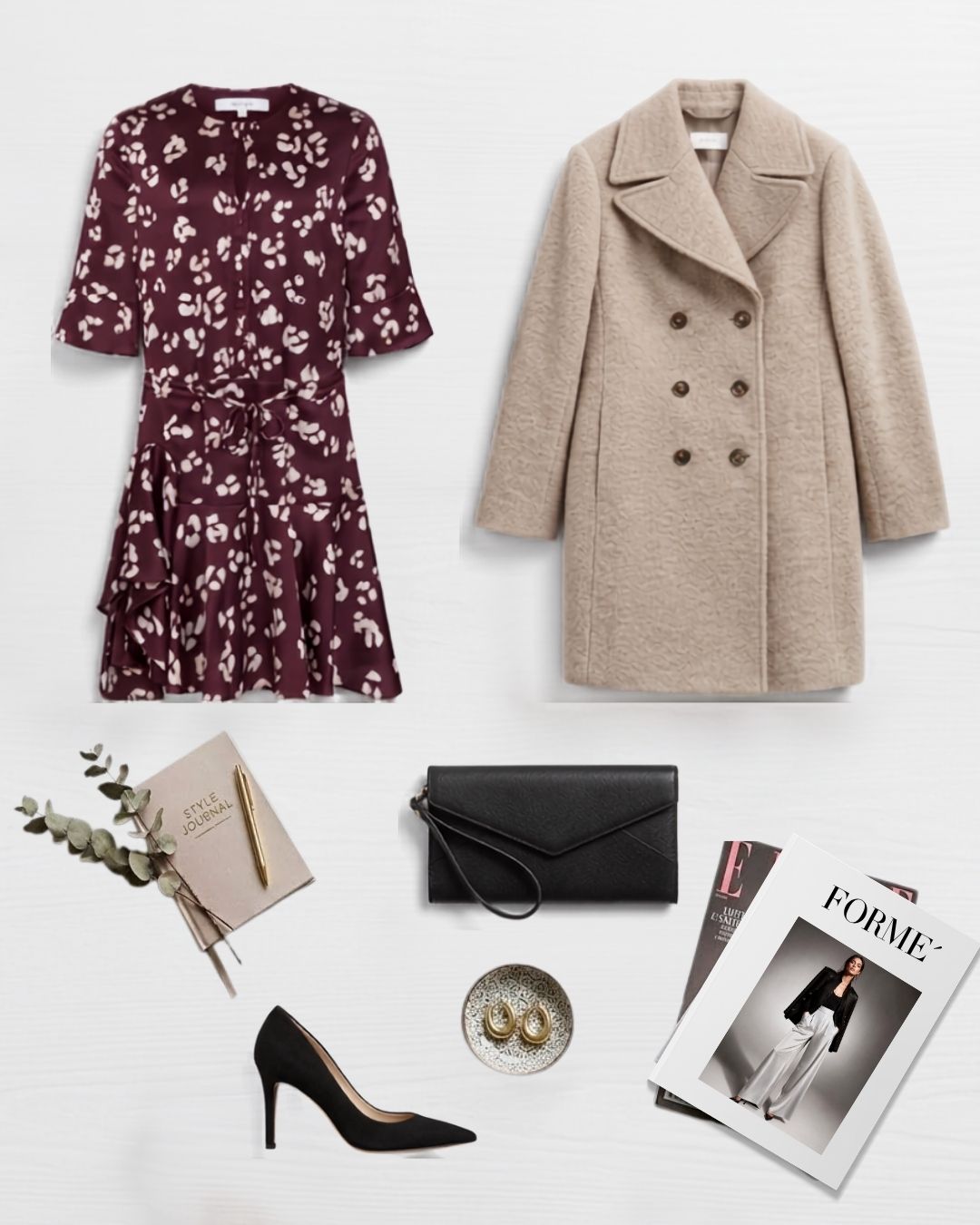 Winter outfit ideas: Reiss silk midi dress, beige coat and black suede pumps