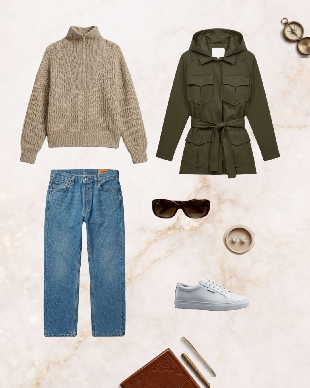 Winter outfit ideas: knit jumper, khaki hooded trench coat and white sneakers
