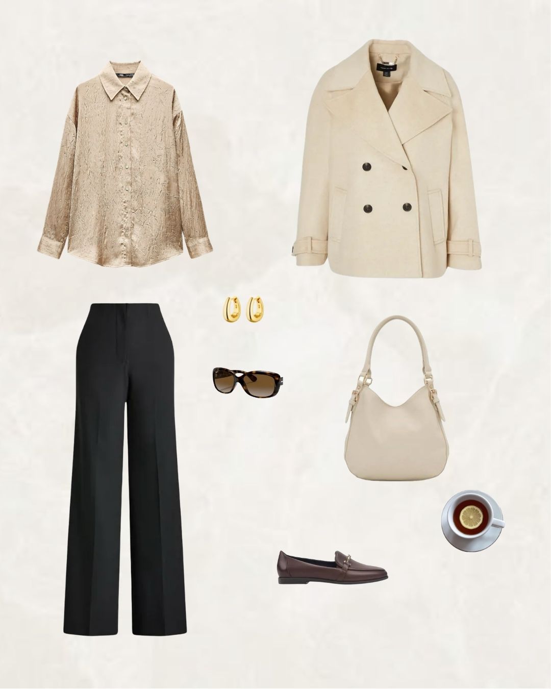 Winter outfit ideas: gold blouse, black tailored pants, beige coat, brown loafers and cream hobo bag