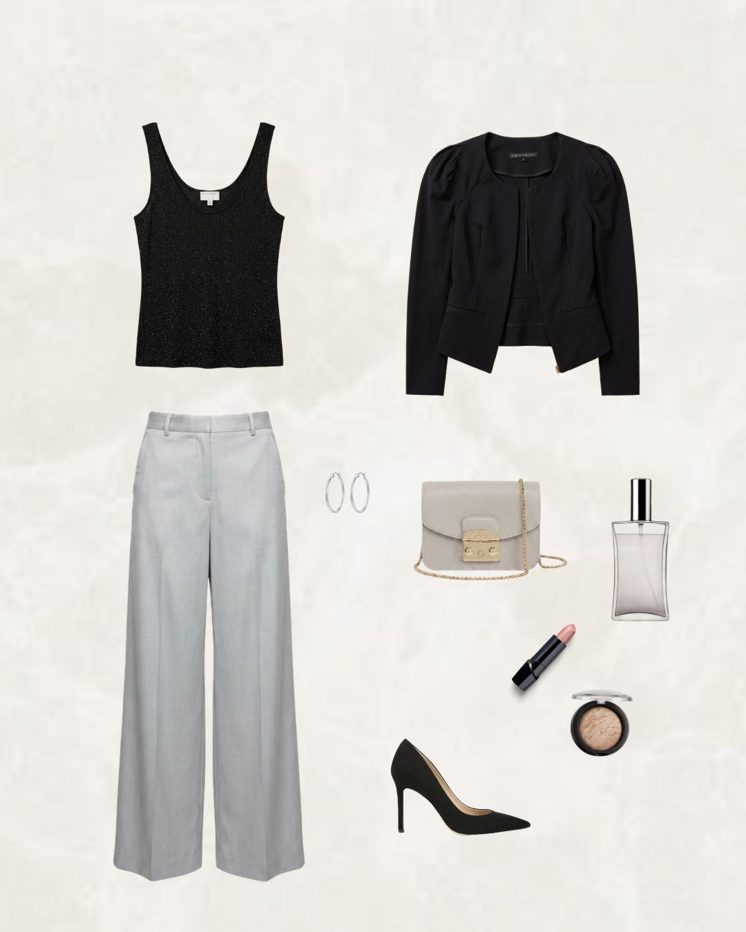 Winter outfit ideas: tailored wide-leg pants, singlet top, cropped black jacket and black pumps