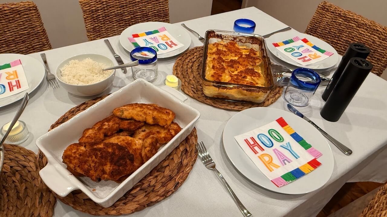 Birthday dinner with chicken schnitzel, salad, potato and rice