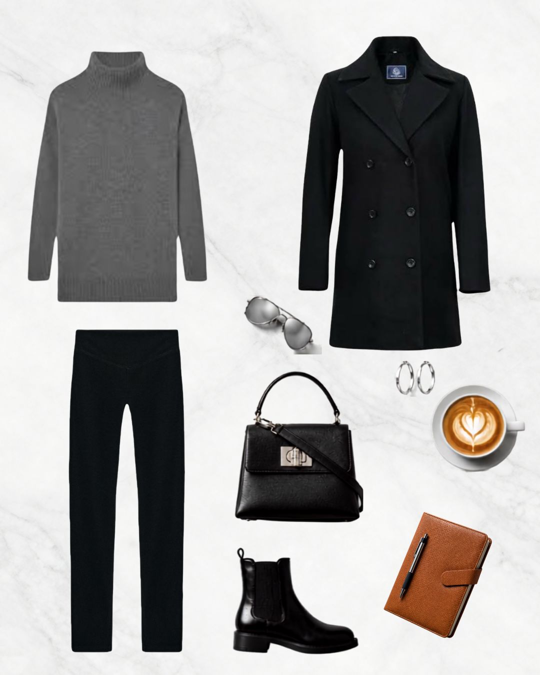 grey jumper, black military-style coat, leggings and chunky boots