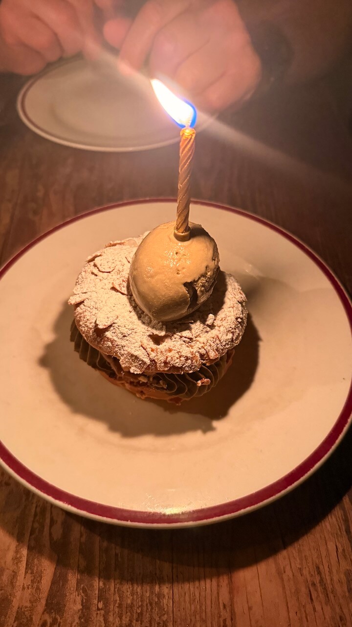 Hojicha Paris-Brest dessert at Restaurant Hubert