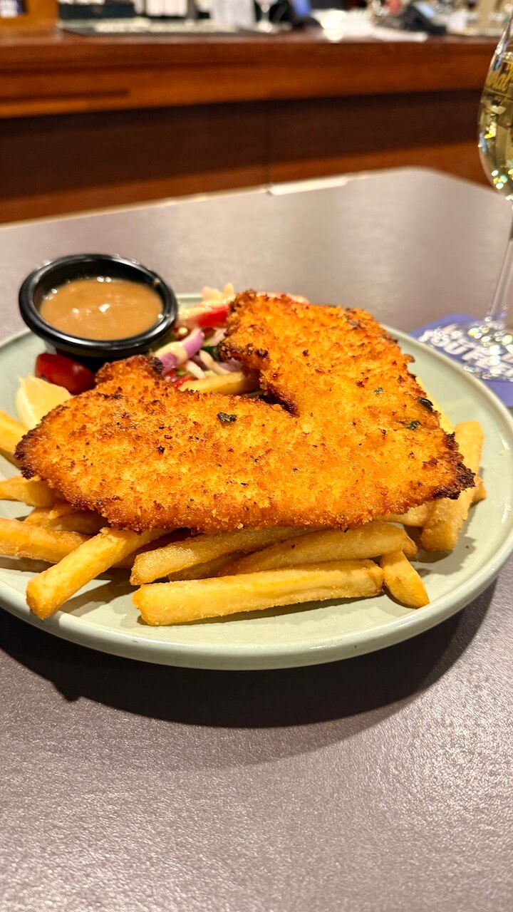 Chicken schnitzel and chips for dinner in Bowral