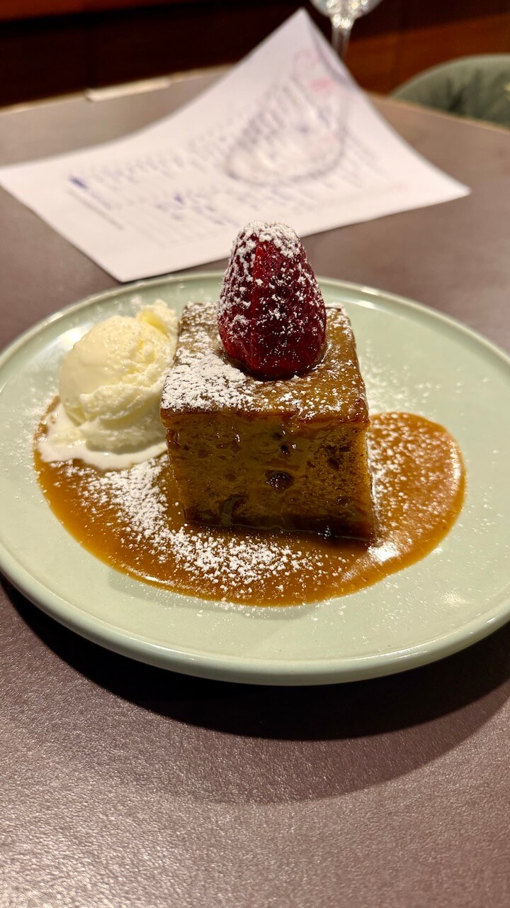Bread and butter pudding dessert in Bowral