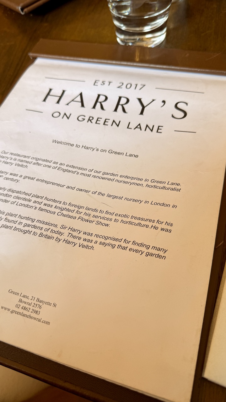 Harry’s on Green Lane menu in Bowral
